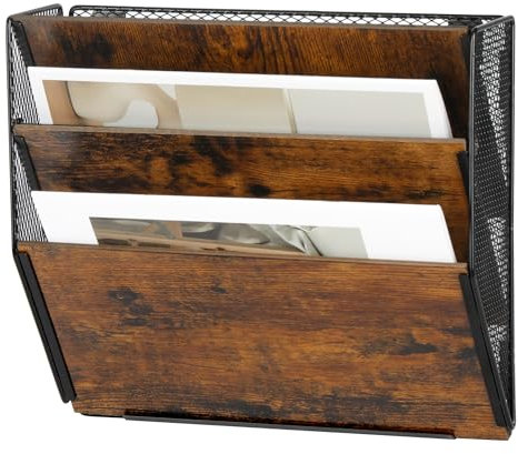 Solinxe Porte Document Mural 3 Étages en Bois - Organisateur Bureau A4 pour Papiers, Revues, Fichiers avec Rangement Intégré, Noir/Antique (Maison, École, Bureau)