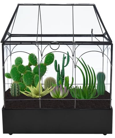 Homtone 24cm Geometrische Terrarium Pflanzer mit Tablett, Haus Form Schwarz Handgemachte Glasbox, Vintage Tischplatte Miniatur Blumentopf für Sukkulent, Kakteen, Luft Pflanzen, Schwarz