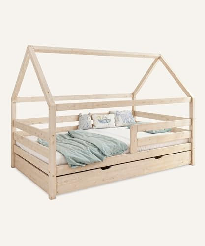 Ehrenkind® Hausbett Sona mit Bettkasten aus massivem Kiefernholz Natur 120x200 cm