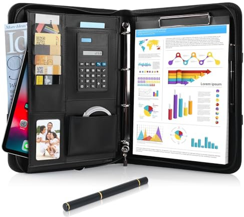 2PCS Schreibmappe A4 Konferenzmappe, Leder Schreibmappe mit Reißverschluss, Dokumentenmappe mit Ringbuch, Wasserdicht Aktenmappe mit Klemmbrett, Portfolio A4 Mappe für Business Meeting, Schwarz