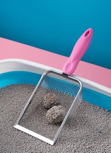 Cat Litter Scoop,Stainless Steel Mesh Scooper,Durable,Heavy Duty,Easy to Clean,for Litter Box,Pet Litter Cleaning Tool for Cat Dog Rabbit (Pink, Hole:3.8mm)