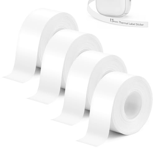 VMUTGA 4 Rollen Thermo Etikettenband, 15mmx4m Weiß Selbstklebende Etikettenband Wasserdicht Thermo Etiketten Papier Etikettendruckpapier Aufkleber zum Beschriften für Haus Büro Schule Etikettendrucker
