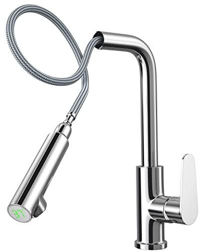 Wasserhahn Ausziehbar mit Temperaturanzeige, 360°Drehbare Küchenspülarmatur, Hochdruck, Einfach zu Installierende Mischbatterie für Küchenspüle(Chrom)