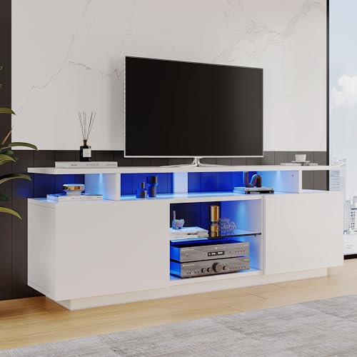 Merax TV Board TV-Schrank mit LED-Beleuchtung, Elegant Hochglanz Lowboard Fernsehtisch TV-ständer für Fernseher bis zu 60 Zoll, mit Klapptür, Glasregal, Griffloses Design, 140cm, für Wohnzimmer, Weiß