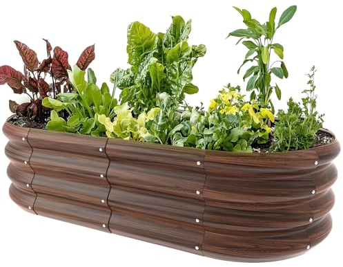 IDEA FAMILY 4x2x1ft Oval Galvanized Raised Garden Bed Outdoor 9-in-1 Large Metal Modular Planter Box Raised Beds for Gardening,Vegetables,Fruits,Flowers & Herbs (Brown)