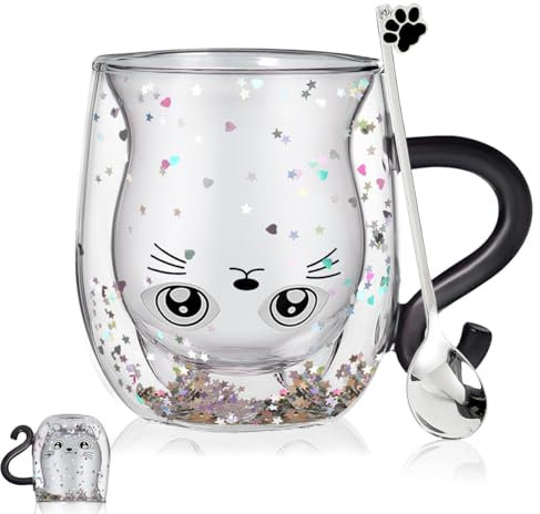 Geschenke für Frauen Katze Doppelwandige Kaffeegläser Valentinstag,Weihnachten,Geburtstagsgeschenk für Frauen,Männer, Mama,Kinder,Freundin Halloween Cappuccino,Latte Macchiato,Teegläser,Katzentasse