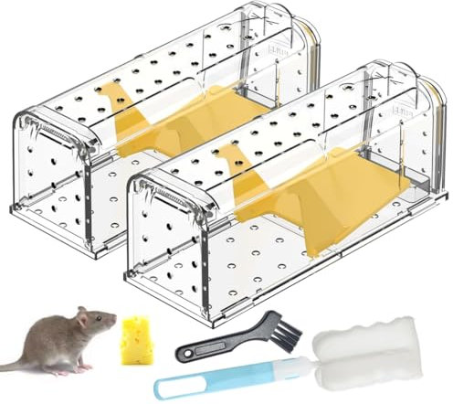 Mouse Traps No Kill Live Catch,Humane Mouse Trap Mice Release Mouse,Washable Reusable Indoors Rat Traps with Cleaning Brush,Field Mouse Rodent Control for Outdoors (2Pcs)