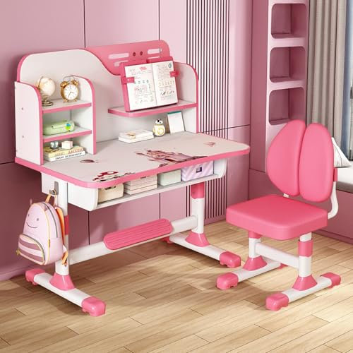 Cukoekim Set sedia da scrivania regolabili per bambini con tavolo e sedia ergonomiche motivi cartoni animati libreria cassetto (rosa)