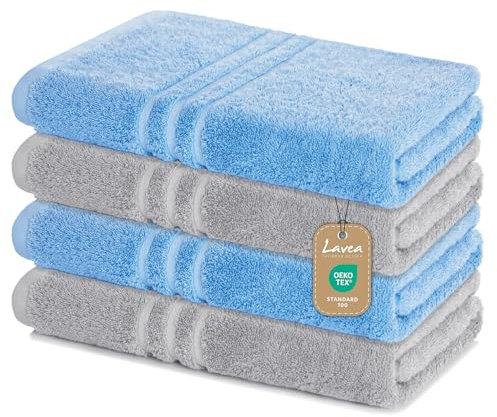 Lavea Lot de 4 Serviettes de Douche - 70 x 140 cm - 100% Coton - Serviettes éponge Douces et absorbantes - 500 g/m² - Uni et Bicolore - Certifié Öko-Tex - Lavable jusqu'à 60 °C - Bleu Dauphin et