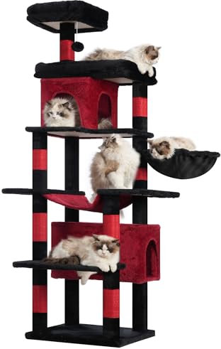 Heybly Arbre À Chat, De 178 cm De Hauteur, Colonne À Griffer Pour Les Chats D'Intérieur, Arbre À Chat Multi-Étagé Avec 8 Colonnes À Griffer, 2 Trou, 2 Plateformes, Hamac, Panier,noir et rouge HCT036BR