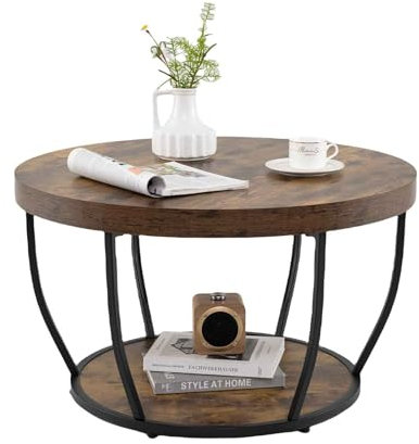 LIFEZEAL Table Basse Ronde, Table Basse à 2 Niveaux avec Structure en Métal, Meuble de Salon, 80 x 80 Cm, Style Industriel (Marron)
