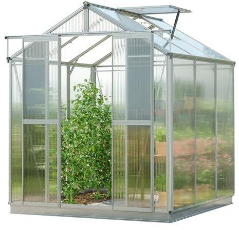 GFP Gewächshaus Picco 3 Alu-Rahmen 179 x 195 cm 8 mm Polycarbonat Platten - mit Fundamentrahmen & automatischem Fensteröffner