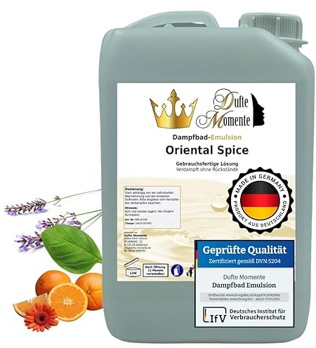 Dufte Momente | Dampfbad Emulsion 3 Liter Oriental Spice (Basilikum, Koriander, Lavendel, Orange, Salbei, ...) | geprüfte Qualität | ätherische Öle | gebrauchsfertig | vegan, ohne Tierversuche
