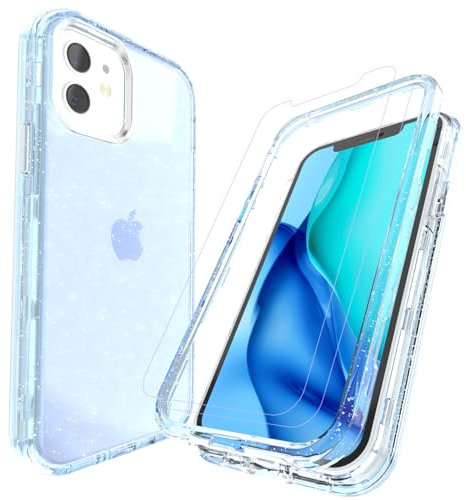 LUNOVATE Case for iPhone 11 Shockproof Glitter 360 with 2 Screen Protector Hard PC + Soft TPU 3 in 1 Bumper Cover Transparent Protective Phone Case for iPhone 11 6.1 inch - Blue Glitter