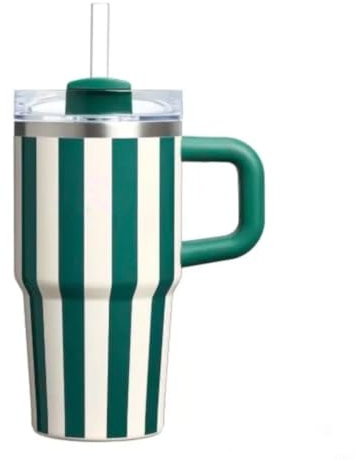 Vaso de 20 oz con asa y paja, vaso para niños con tapa y paja, vaso infantil de acero inoxidable 304, deportes escolares al aire libre (rayas verdes)