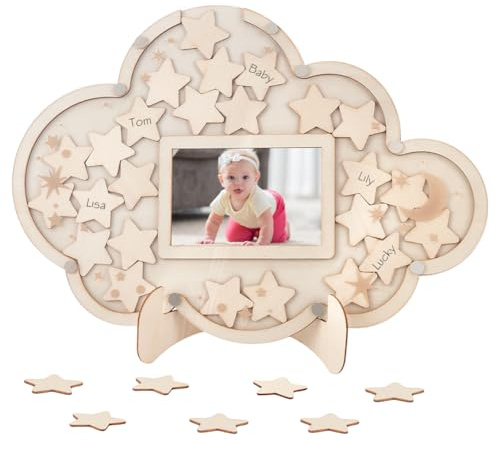 UNICRAFTALE Babyshower Erinnerung Taufbuch Gästebuch Wolke Babyparty Holz Gästebuch Fotoalbum Geschenk Dekorationen Mit Sternen Für Schild Bilderrahmen Für Mütter Andenken Geburtstagsfeiern Babyparty