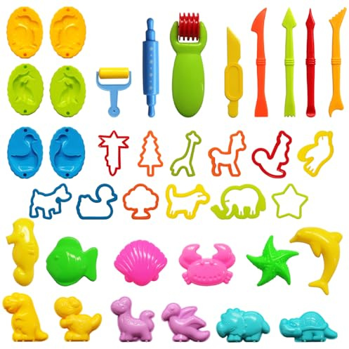 Qcdou Accessoire Pâte à Modeler, 41 Pièces Kit Pate a Modeler, Moule Pate a Modeler, avec Moules, Rouleau à Pâtisserie, Emporte-pièce, Jouets pour Filles et Garçons