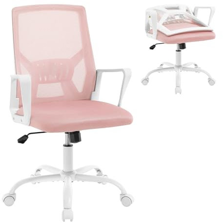 Klihome Ergonomischer Bürostuhl, Computerstuhl mit Faltbarer Rückenlehne, Höhenverstellbarer Arbeitsstuhl Drehstuhl, Netzstuhl mit Wippfunktion, Rosa