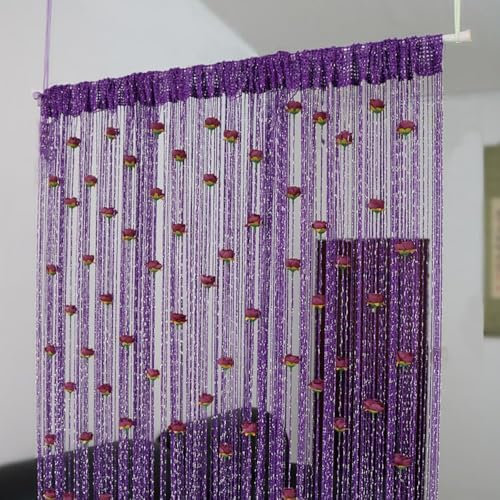 Rideau de porte à ficelles, séparateur de pièce rétro et traitement de fenêtre brillant, rideau à pompons de couleur unie pour chambre à coucher, salon, fête (violet foncé)