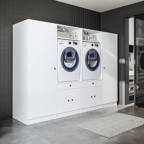 ROOMART Schrankwand für Waschküche & Hauswirtschaftsraum – 254 cm – Hochschrank mit Ausziehbrett – Waschmaschinenumbauschrank & Stauraumregal (Weiß, V2 : 254 x 184 x 67 cm (B x H x T))