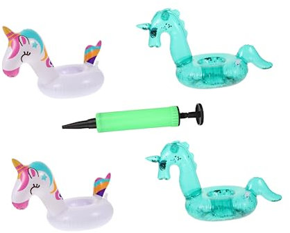 FUNNETOYU Portavasos Flotantes Inflables de PVC para Fiestas, 5 Piezas (Unicornio Brillante y Caballo Arcoíris), Tamaño Estándar, con Inflador, Adecuado para Piscina y Eventos al Aire Libre