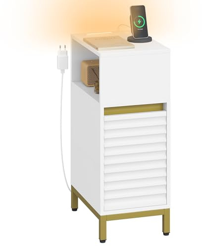 Hzuaneri Nachttisch, Schmal Beistelltisch mit LED-Beleuchtung, 1 USB-A-Anschluss, 1 USB-C-Anschluss, Nachttische mit Seitliches offenes Fach, für Schlafzimmer, Wohnzimmer, Weiß-Gold NS00503G