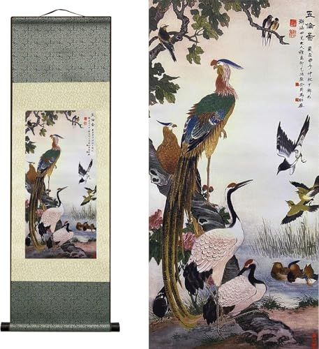 AtfArt Silk Scroll Painting, Asian Wall Decor Birds, 36.2x12in | Traditional Chinese Bird Art, Silk Wall Hanging Scroll, Oriental Home Decor for Living Room, Bedroom, Office