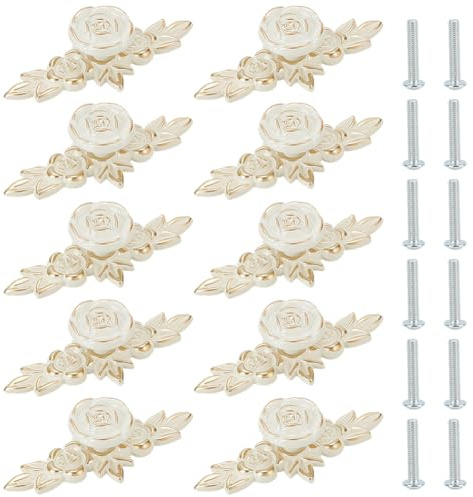 PH PandaHall 12 Sets Vintage Drawer Pulls Rose Flower Drawer Knobs Vintage Cabinet Handles Decorative Drawer Knobs Art Handles for Dresser Wardrobe Home 4x1.7 Inch, Ivory White
