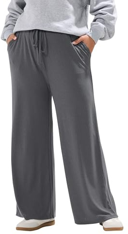 Yours Curve Grey Ribbed Wide Leg Trousers - Women's - Plus Size Curve