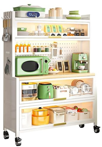 Vielseitiger schwarzer Küchenschrank auf Rollen, Mikrowellenständer und Kaffeebar mit Klapptür, DIY-Rückwand – ideal für kleine Räume und Wohnungen