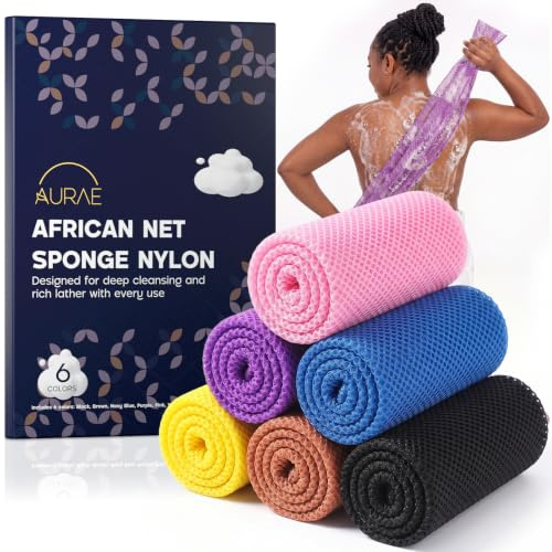 Djampe Filet de Douche Africain - Exfoliant - Lot de 6 - Séchage Rapide | Maille Nylon Nouée de 80 cm, Stimule la Circulation, Élimine les Cellules Mortes, Mousse Riche avec Tout Savon - Lot de 6