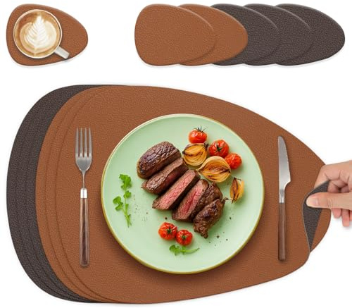 HELI MIAO Tischsets Abwaschbar 6er Set - Doppelseitige Platzsets & Untersetzer aus Lederoptik, rutschfeste & wasserdichte Tischunterlage für Esstisch und Familie - Oval in braun+Dunkelbraun