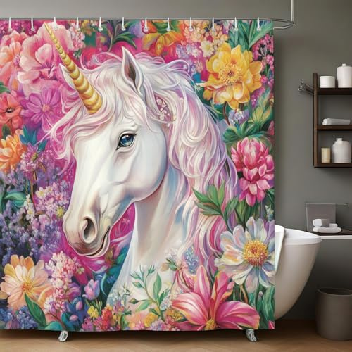 Duschvorhang 240x200 cm Blumen-Einhorn wasserdicht Polyester Badewanne Badezimmer Vorhang Anti Schimmel dekorativ