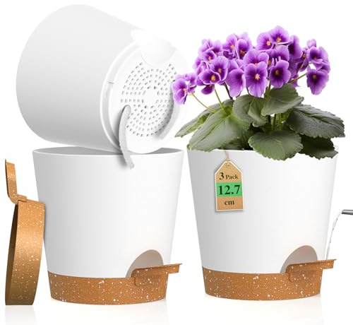WSMKSZ 12.7 cm Self Watering Plant Pots Indoor, 3 Pack Small Flower Pots | 5 inch Plastic Nursery Pots with Drainage Holes & Removable Reservoir, Cotton Wick, for House Plants, White Brown