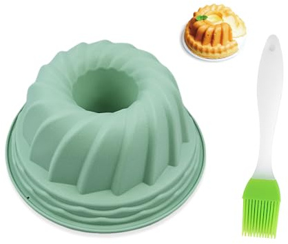 HMCEY Moule a Kouglof Silicone 24 CM,Moule Gateau Bundt avec Brosses,Moules Dessert à Brioche Réutilisable,Moules Savarin a Baba Au Rhum,Cake Mold pour Pâtissiers, Chocolat, Pudding - Vert Morandi