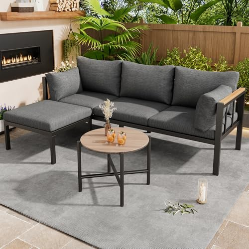 Xwiny Lounge Möbel Outdoor mit Verzinktes Stahlrohr, Gartenmöbel-Set, 3-teiliges, 1 Sofa, 1 Couchtisch, 1 Fußhocker, Alle Kissen Inklusive (Grau-B)