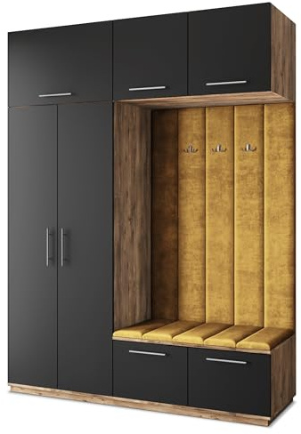 Masseno Flugarderoben Set Rema, Kleiderschrank-Set mit Sitzbank, Garderobenschrank Flur mit 5 Regalböden, Eiche Lefkas/Schwarz