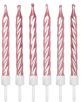 Anniversary House Pack of 12 Pearlescent Light Spiral Birthday Candles with Holders, 7.5 Centimeters, Celebration Cake Decoration, AHC183, Pink Metallic