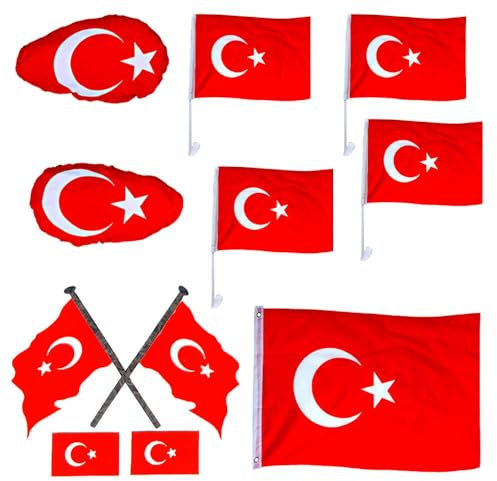 Murago - Türkei DEKO Fan-Set 11-Teilig - Autofahnen Fahne Flagge Auto Bayrak Fanartikel EM Spiegelfahne Sticker Spiegelfahne Aufkleber Fenstersticker