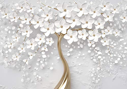 wandmotiv24 Fototapete Baum Weiß 1, XL 350 x 245 cm - 7 Teile, Wanddeko, Wandbild, Wandtapete, Gold, Wand, Blumen M1805