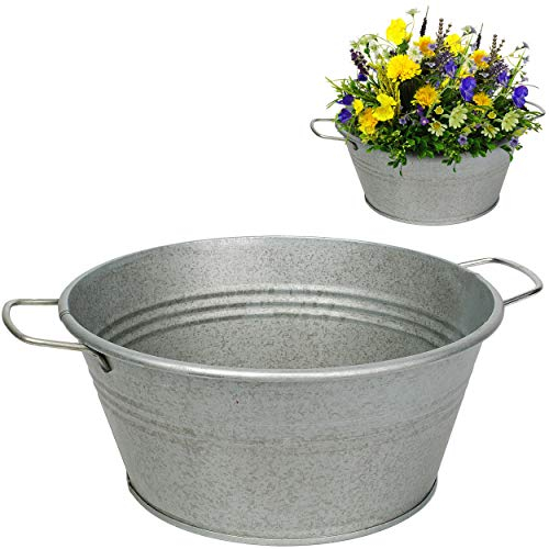 alles-meine.de GmbH 4 Stück Metall - Blumentöpfe/Pflanzkübel/Pflanzschale - metallic grau/anthrazit - 25 cm - RUND - frostsicher - MITTEL groß - mit Henkel - Eimer/Deko..