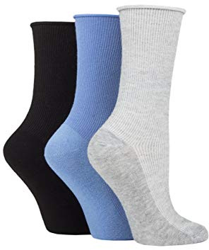 SockShop Ladies Plain Patterned and Striped Bamboo Socks Pack of 3 (Black/Denim/Silver Ribbed, 4-8)