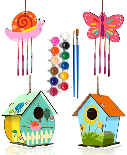 4 Pack DIY Bird House Wind Chime Kits for Children to Build and Paint, Wooden Arts and Crafts for Kids Girls Boys Toddlers Ages 8-12 4-6 6-8