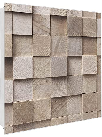 banjado® Großer Schlüsselkasten Glas/Schlüsselbox 30cm x 30cm mit 50 Haken - Motiv Bauklötze Relief/Schlüsselkasten modern für Schlüsselaufbewahrung mit beschreibbarer, magnetischer Glastür
