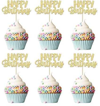 Gyufise 24Pcs Happy Birthday Cupcake Toppers Gold Glitter Celebrating Birthday Cake Picks Baby Shower Kids Birthday Party Decoration Supplies