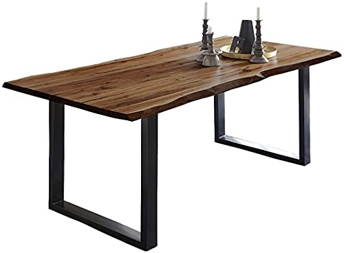 SAM Baumkantentisch 160x85 cm Mephisto, Akazienholz massiv + nussbaumfarben lackiert, Esstisch mit schwarz lackiertem U-Gestell, Esszimmertisch/Holztisch, Tischplatte 26 mm