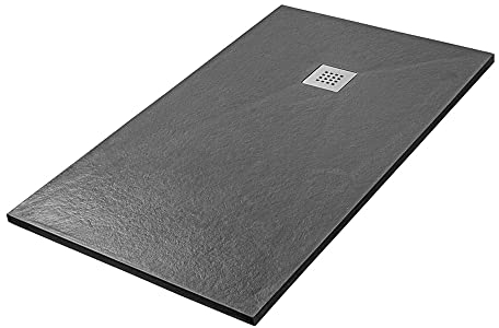 Piatto doccia marmoresina con effetto pietra serie Karen, in diverse dimensioni e colori, spessore ultraslim 3 cm, riducibile su misura, COMPLETO di kit scarico (80x90, Antracite)