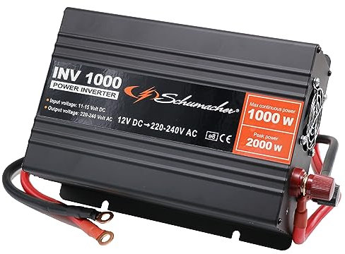 Schumacher INV 1000 Onduleur Convertisseur Sinus Modifié 12V DC > 230V AC - Puissance Continue 1000W - Protections Surtensions, sous-Tensions, Surcharges et Thermique - Ventilateur - Silencieux