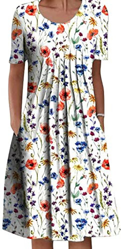 Achinel Women's Floral Print Midi Dresses Ladies Tunic Crew Neck T Shirt Dress Simple Loose Summer Sundress Boho Bohemian Dress No. 1 Color L