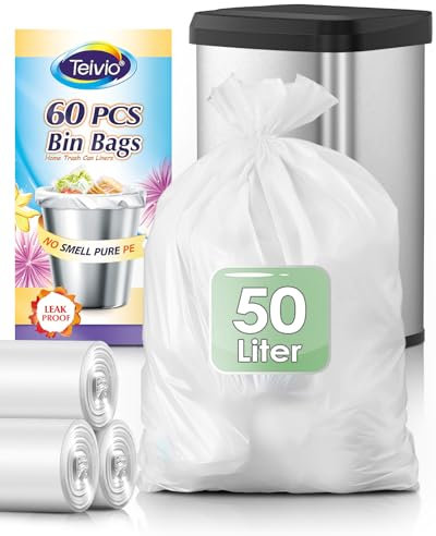 Teivio 50 Liter Large Bin Bags 60 Counts Medium Duty 13 Gallon Waste Bin Liners Thick Plastic Waste Bags for Bathroom, Kitchen, Office, Fit 45-50L Rubbish Bin, Clear